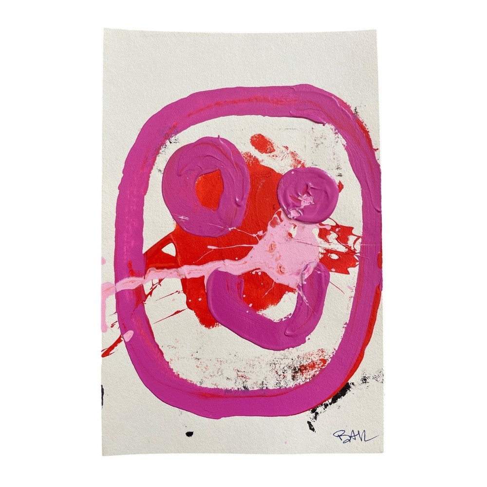 Original Abstract Expressionist Painting Pink Red Textured Impasto 5.5x8.5 Art